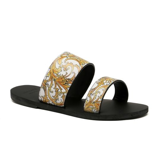 Versace Printed Cowhide Flat Slippers With Durable Rubber Sole