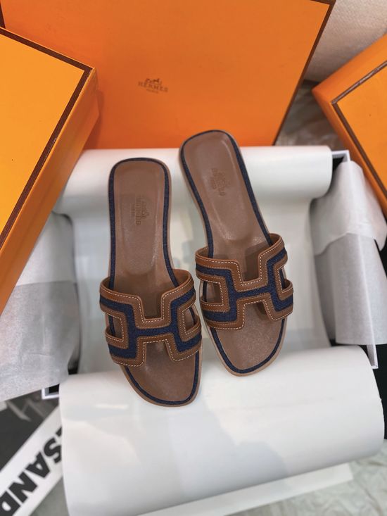 Hermes Stitched Leather H Shape Flat Slide Slippers