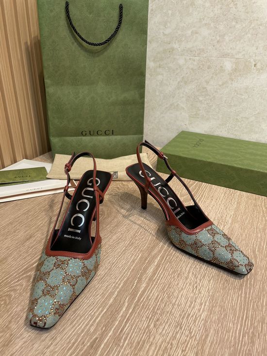 Gucci Crystal Monogram Kitten Heel Pumps With Leather Details