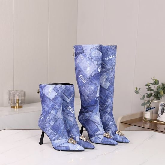 Fendi Denim Fabric Boots with Sheepskin Lining and Rubber Sole