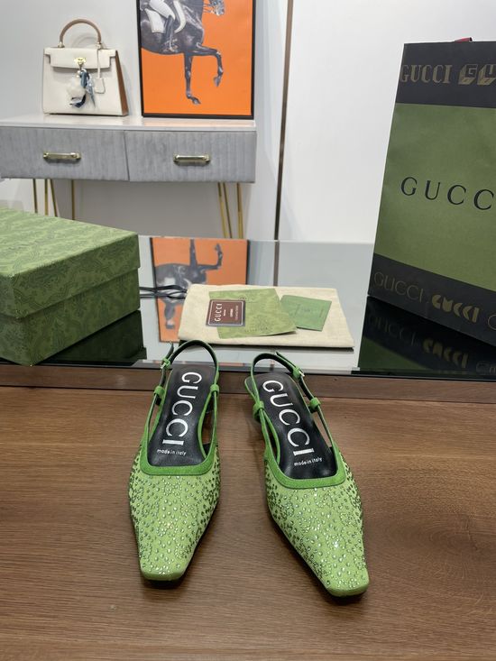 Gucci Low Heel Crystal Decorated Sandals With Premium Lining