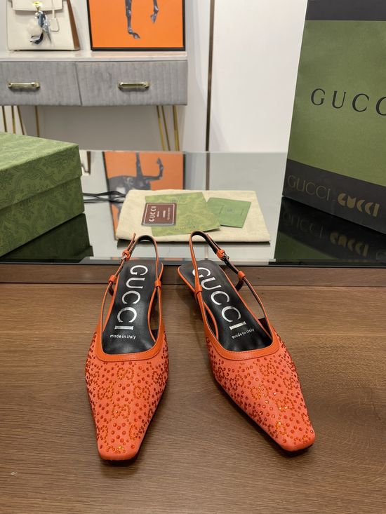 Gucci Low Heel Crystal Decorated Sandals With Premium Lining