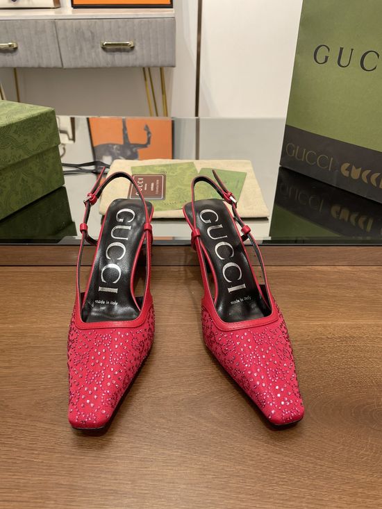 Gucci Crystal Embellished Kitten Heel Sandals With Fabric Upper