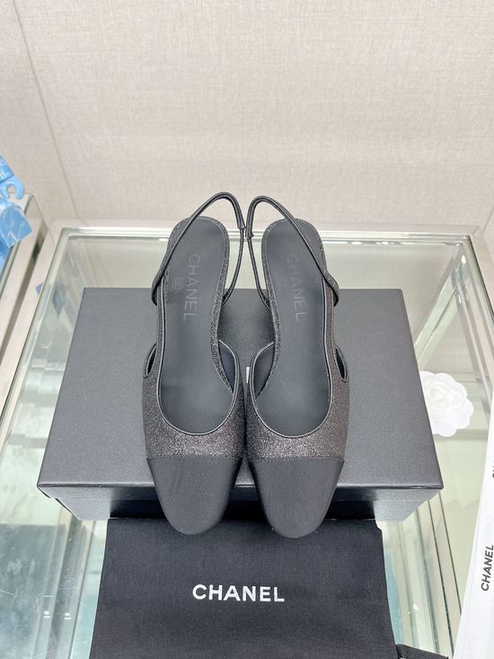 Chanel Classic Two Tone Glitter Slingback Sandals Genuine Leather Sole