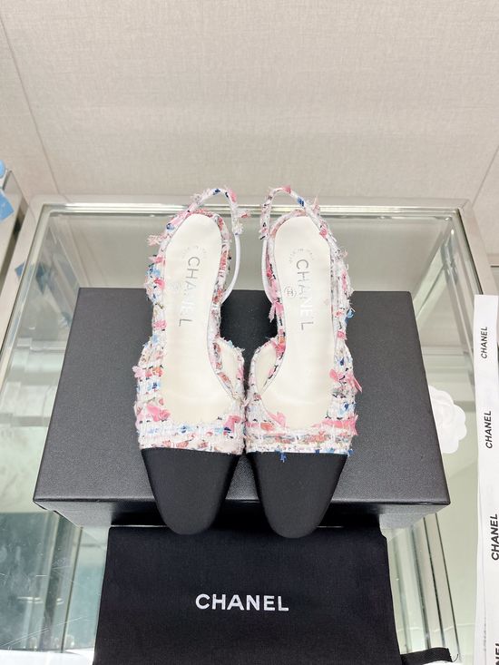 Chanel Classic Two Tone Woolen Slingback Sandals Genuine Leather Sole