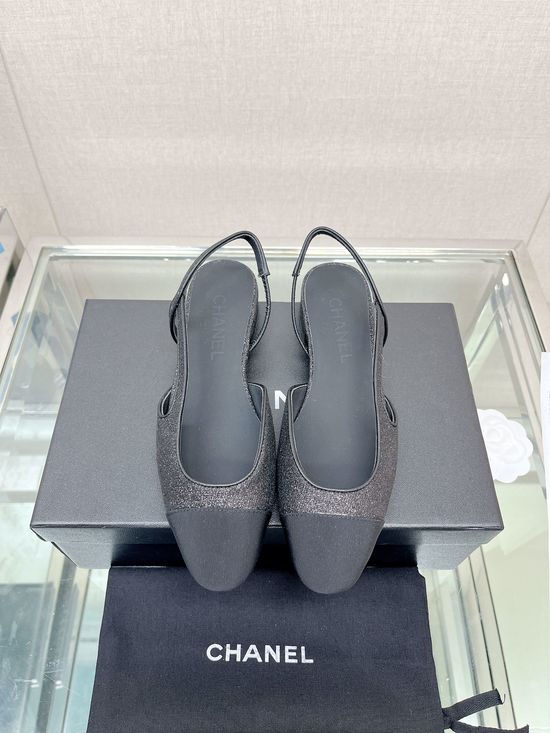 Chanel Classic Two Tone Glitter Slingback Sandals Genuine Leather Sole