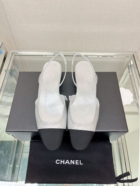 Chanel Classic Two Tone Glitter Slingback Sandals Genuine Leather Sole