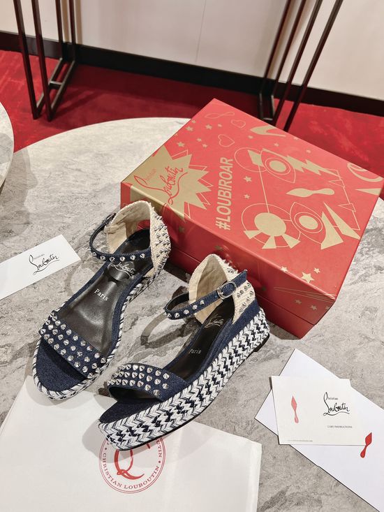 Christian Louboutine Embroidered Wedge Platform Sandals with Metal Details