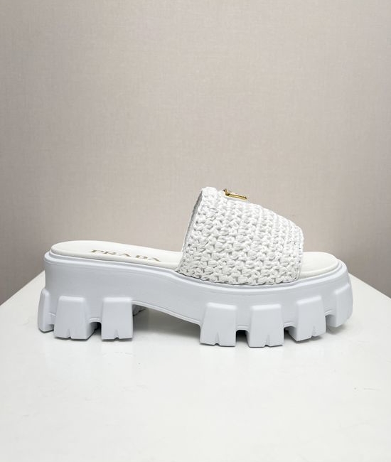 Prada Woven Platform Comfortable Sandals with Metal Logo Detail