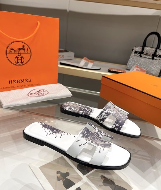 Hermes Premium Handmade Printed Leather Slides With Full Grain Insole