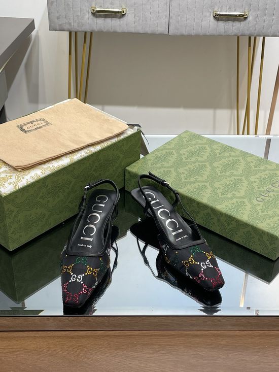 Gucci Rhinestone Decor Kitten Heel Sandals with Sheepskin Lining