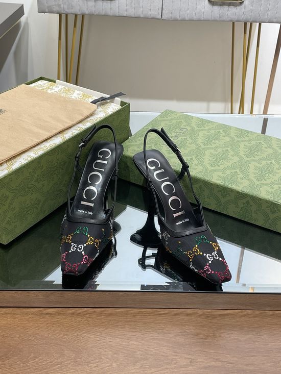 Gucci Crystal Embellished Kitten Heel Sandals With Leather Lining