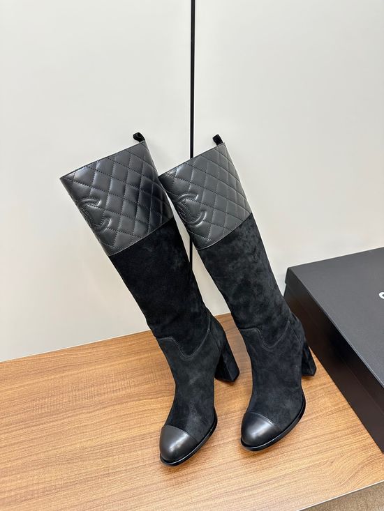 Chanel Genuine Leather Quilted Knee High Riding Boots
