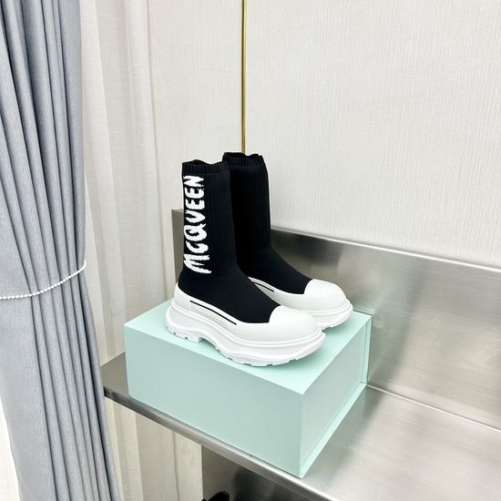 McQueen Stretchy Knit Ankle Boots with Embroidered Logo
