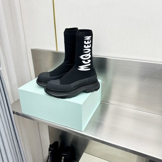 McQueen Stretchy Knit Ankle Boots with Embroidered Logo