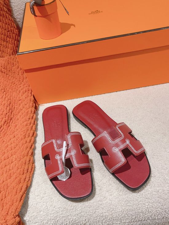 Hermes Embroidered Soft Leather Slip On Sandals Versatile Daily Wear