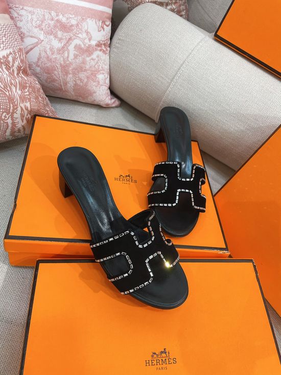 Hermes Rhinestone Decor H-shaped Mid-heel Slide Slippers Soft Cowhide