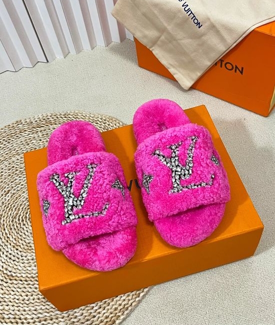 Louis Vuitton LV Fuzzy Plush Slippers Rhinestone Buckle Soft Warm Home Shoes