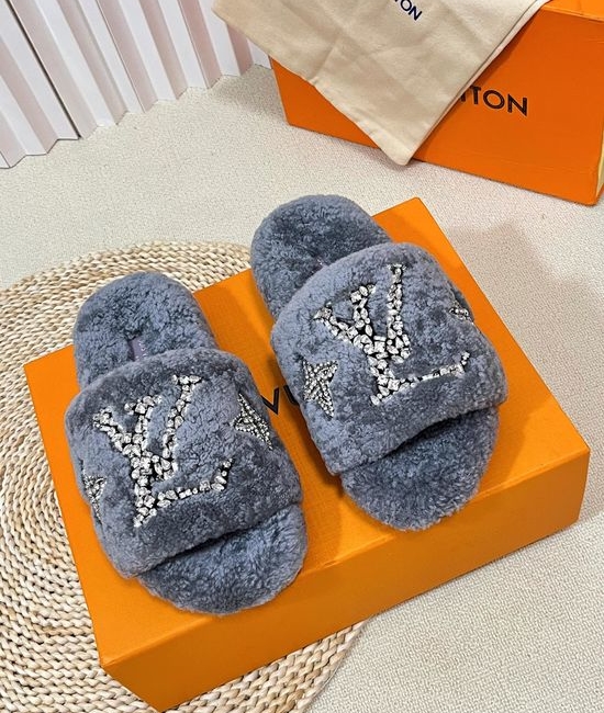 Louis Vuitton LV Fuzzy Plush Slippers Rhinestone Buckle Soft Warm Home Shoes