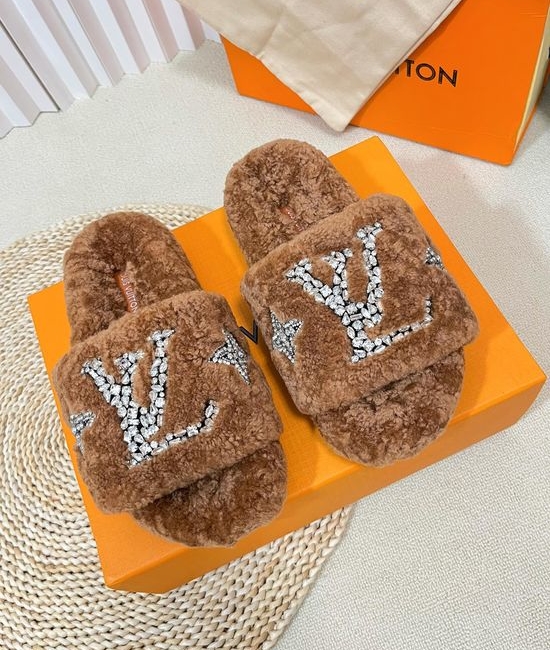 Louis Vuitton LV Fuzzy Plush Slippers Rhinestone Buckle Soft Warm Home Shoes