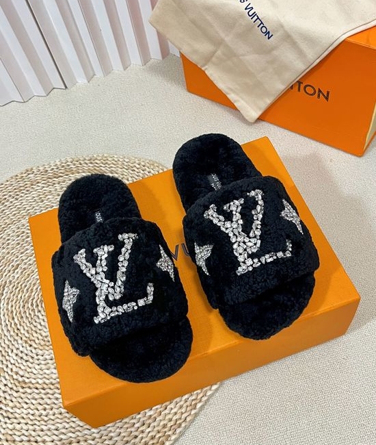 Louis Vuitton LV Fuzzy Plush Slippers Rhinestone Buckle Soft Warm Home Shoes