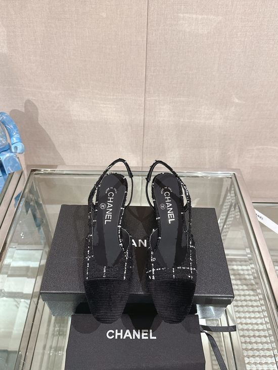 Chanel Classic Two-tone Tweed Slingback Sandals Flat Low Heel