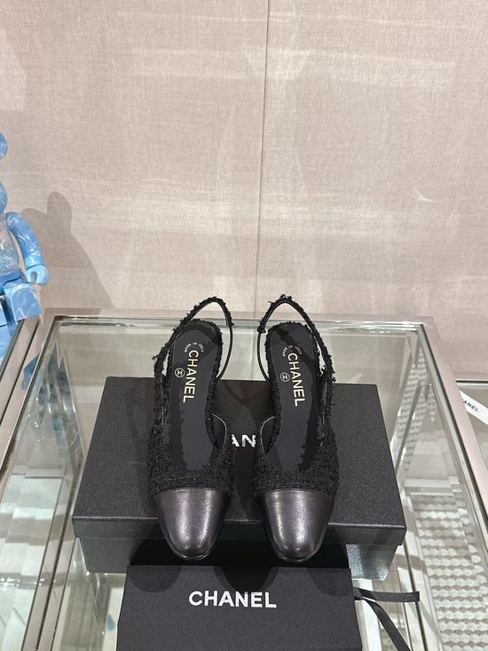 Chanel Classic Two-tone Tweed Slingback Sandals Flat Low Heel