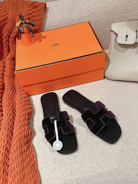 Hermes Luxury Velvet Slide Sandals Soft Comfortable Sole