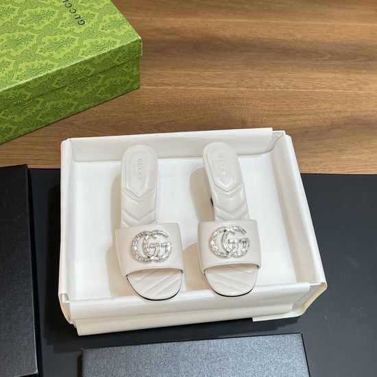 Gucci Crystal Buckle Decor Leather Block Heel Slide Sandals
