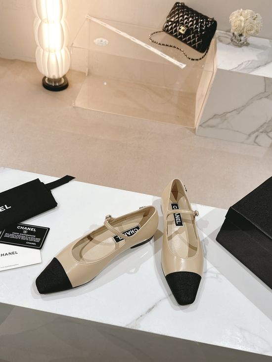 Chanel Rhinestone Decor Pointed Square Toe Leather Flat Shoes