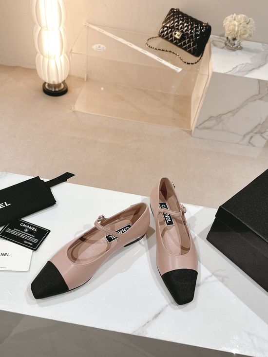 Chanel Rhinestone Decor Pointed Square Toe Leather Flat Shoes