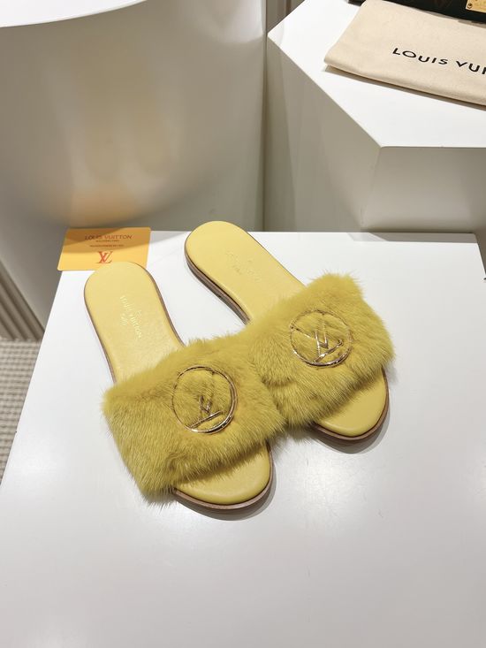 Louis Vuitton Genuine Leather Mink Fur Open Toe Flat Slides Luxury