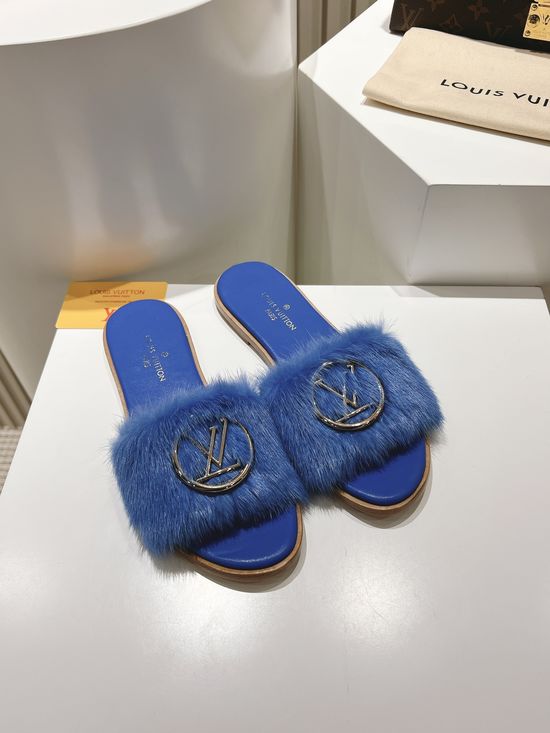 Louis Vuitton Genuine Leather Mink Fur Open Toe Flat Slides Luxury