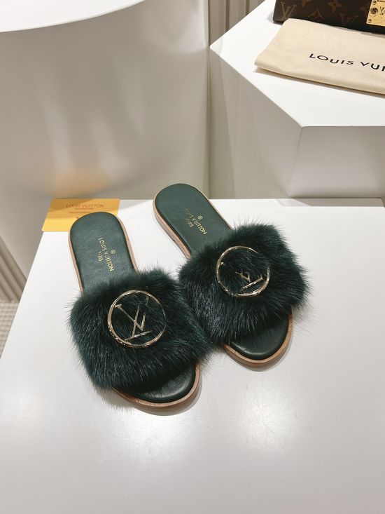 Louis Vuitton Genuine Leather Mink Fur Open Toe Flat Slides Luxury