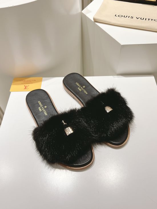 Louis Vuitton Genuine Leather Mink Fur Open Toe Flat Slides Luxury