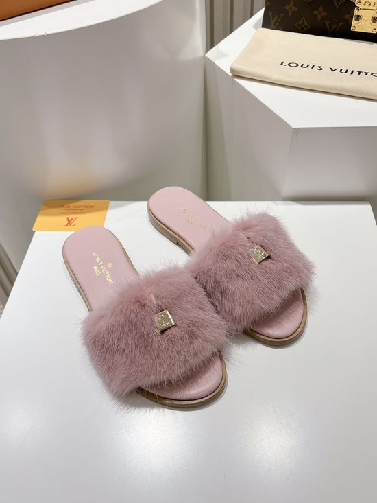 Louis Vuitton Genuine Leather Mink Fur Open Toe Flat Slides Luxury