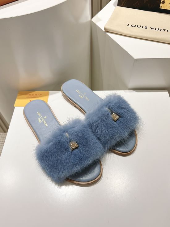Louis Vuitton Genuine Leather Mink Fur Open Toe Flat Slides Luxury