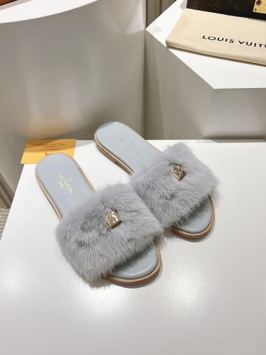 Louis Vuitton Genuine Leather Mink Fur Open Toe Flat Slippers