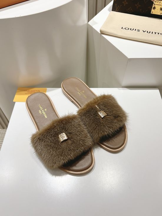 Louis Vuitton Genuine Leather Mink Fur Open Toe Flat Slides Luxury