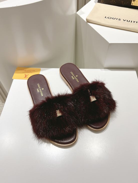 Louis Vuitton Genuine Leather Mink Fur Open Toe Flat Slides Luxury