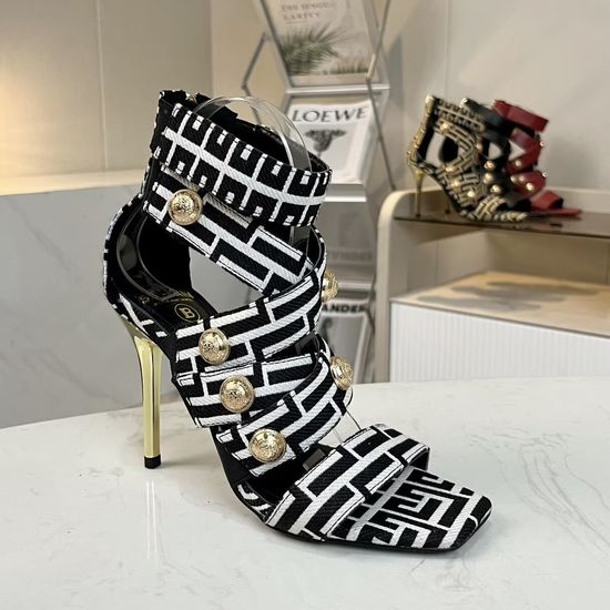 Balmain Square Toe Stiletto Sandals Jacquard Canvas Upper Sheepskin Lining