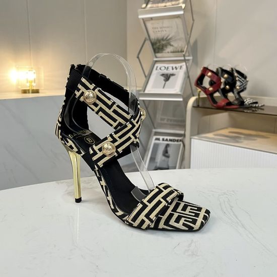 Balmain Square Toe Stiletto Sandals Jacquard Canvas Upper Sheepskin Lining