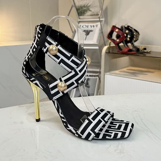 Balmain Square Toe Stiletto Sandals Jacquard Canvas Upper Sheepskin Lining
