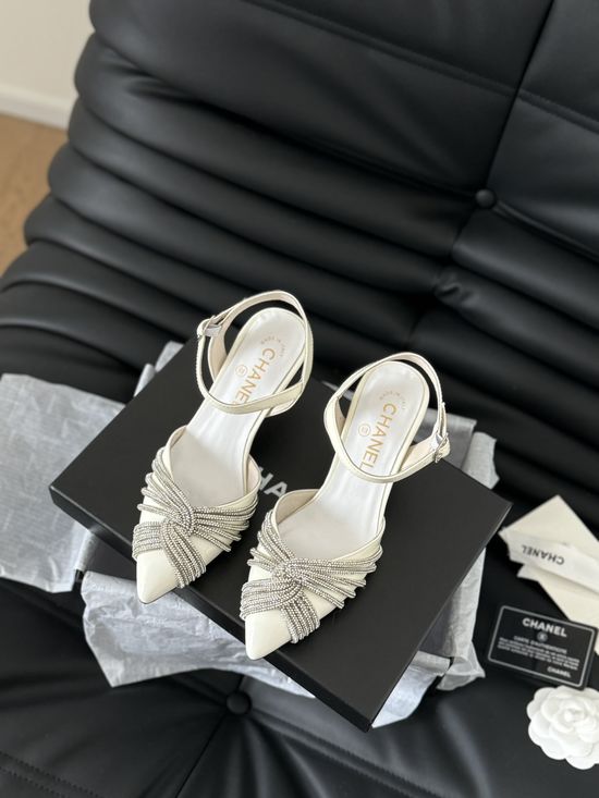 Chanel Rhinestone Buckle Pointed Toe Mid Heel Pumps