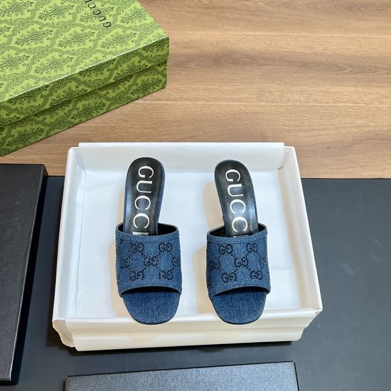 Gucci Denim Rhinestone Sandals With Premium Leather Sole