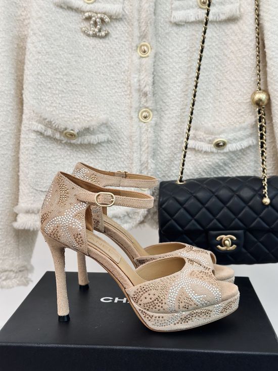 Chanel Rhinestone Platform High Heel Sandals Elegant Cashmere Upper