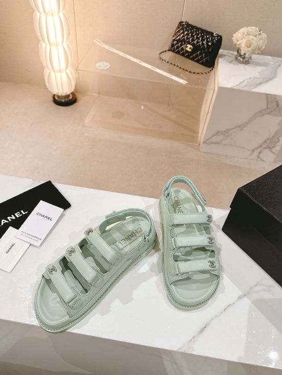 Chanel Three Strap Hook and Loop Leather Slide Sandals