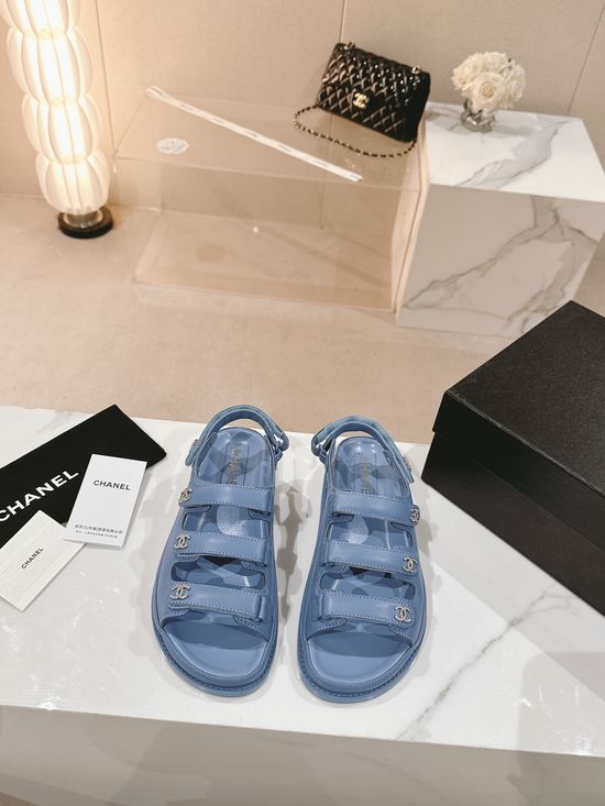 Chanel Three Strap Hook and Loop Leather Slide Sandals
