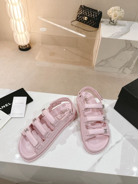 Chanel Three Strap Hook and Loop Leather Slide Sandals