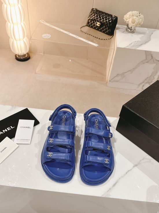 Chanel Three Strap Hook and Loop Leather Slide Sandals